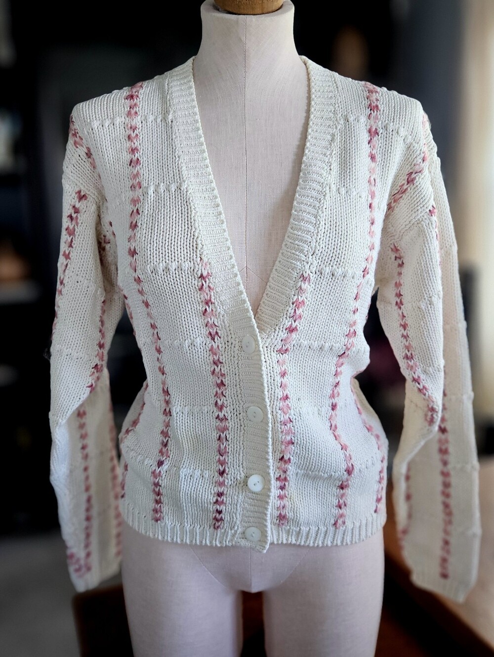 Vintage 90s White Pink V-neck Cotton Rammie Fall Autum Knit Cardigan